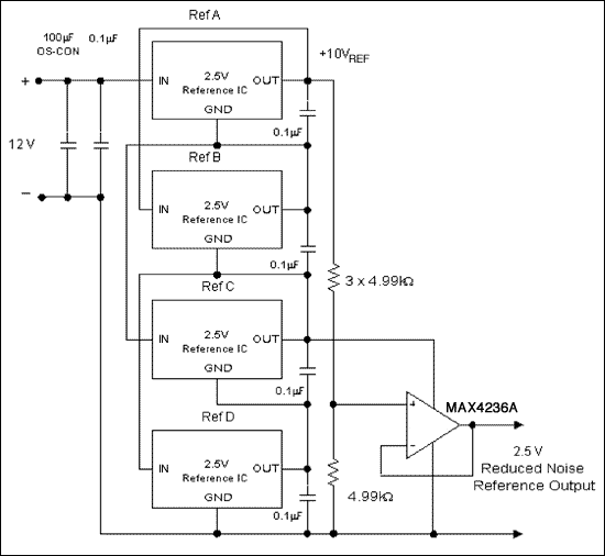 How to Reduce Reference Noise,Figure 1. Four 2.5V references are stacked to produce 10V. The output is then divided back to 2.5V, which reduces the noise voltage by half.,第3张
