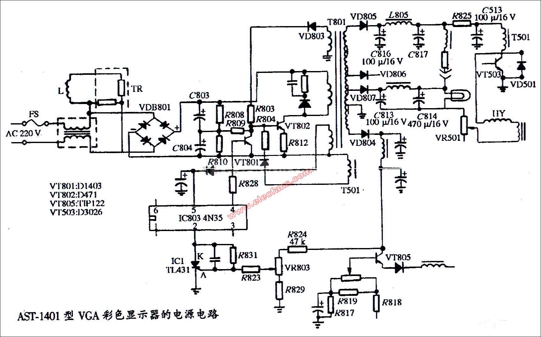 VGA彩色显示器AST-1401电源电路图,第2张