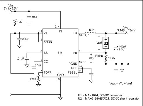 Accurate DC-DC Converter Minim,Figure 1. Substituting a shunt regulator (U2) for the customary resistive divider in this DC-DC converter dramatically improves the output voltage accuracy.,第2张