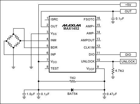 解决MAX1452MAX1455信号调理器的电源容限问题,图1. MAX1452典型应用电路中增加肖特基二极管，以解决VDD电源驱动受限问题,第2张