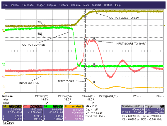 Surge Testing Solid-State USB,Figure 4. This is a zoom of Figure 3. Notice the high di/dt during turn-off and that some of the stored energy has reached the output! This event destroyed the USB switch.,第5张