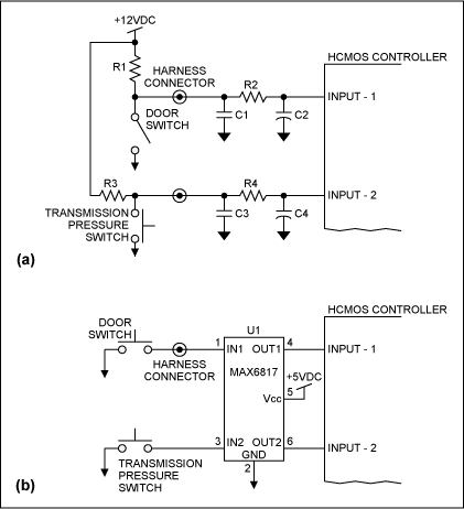 Interfacing Switches and Relay,Figure 8. Discrete-component, HCMOS input-protection and debounce-interface circuit (a) and single-IC, HCMOS input-protection and debouncer-interface circuit (b).,第9张