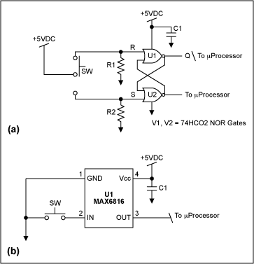 Interfacing Switches and Relay,Figure 2. Single-switch R-S latch CMOS switch-debouncer circuit (a) and single-switch CMOS switch-debouncer circuit (b).,第3张