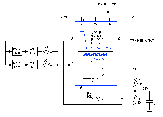 Telephone Tone Generator Requi,Figure 1. In this tone generator, the uncommitted op amp of the lowpass filter IC1 acts as a summing amplifier. The amplifier,第11张