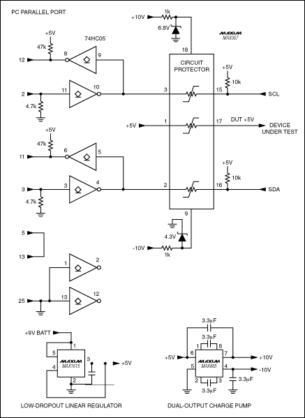 Automatic Test Equipment on a,Figure 2. This parallel-port-to-I2C interface provides the open-collector connection to the I2C serial port mandated by the I2C specification. The MAX367 circuit-protector IC keeps voltages that exceed the supply rails from damaging the interface circuitry as well as the parallel port itself.,第3张