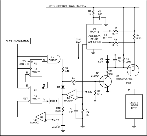 Automatic Test Equipment on a,Figure 6. This circuit detects excessive current flow into the device under test, subsequently removes power from the device, and identifies the failed device to the tester,第7张