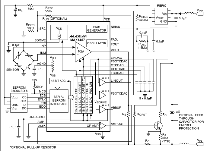 New ICs Revolutionize The Sens,Figure 7. Four milliamps power the transducer in this 4-20mA, 2-wire circuit based on the MAX1457. Pressure is proportional to a 0-16mA current transmitted over the same pair of wires.,第8张