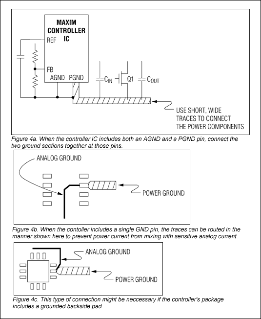 开关型调节器的电路板布局技术,图4. 采用隔离的模拟和功率地隔离较大的功率地电流与低噪声模拟地电流，从而保护低噪电流回路。,第4张
