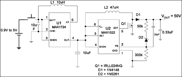 转换器提升一个电池的电压为50V-Converter Boo,Figure 1. These two boost converters in cascade can produce +50V from a single-cell input.,第2张