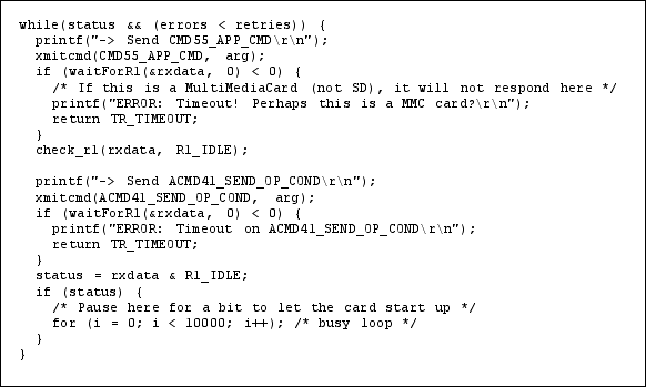 利用SD存储介质扩展MAXQ2000的非易失性数据存储空间,清单1. 代码必须用SEND_OP_COND来识别SD和MMC卡。,第6张