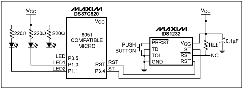 简单的演示如何使用一个DS1232和MicroMonitor,Figure 1. An 8051 Compatible circuit using the DS1232 as a reset controller.,第2张