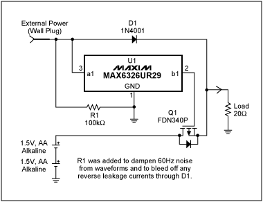 Switching Between Battery and,Figure 1. This circuit provides battery/wall-source switchover while debouncing the wall-source output.,第2张