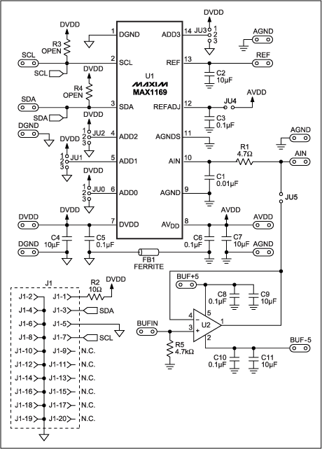 采用MAXQ2000实现与MAX1169的高速I&sup2;,图1. MAX1169评估板原理图,第2张