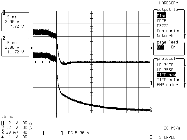 优化DS2715电池充电器的负载切换功能,图4. C1 = 22µF时，改进后的应用电路在移除充电电源后的瞬态波形,第5张