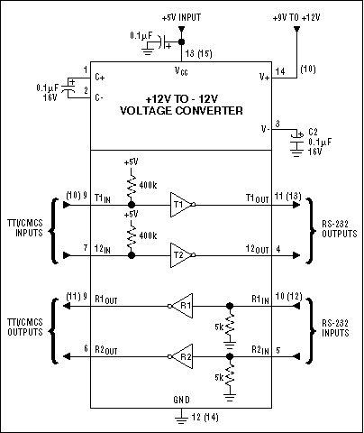 Selecting and using RS-232 Int,Figure 7. The MAX201 is an example of a part that is powered from a 5V and 12V supply. The -12V is generated using an on-board charge pump and two external capacitors. ,第8张