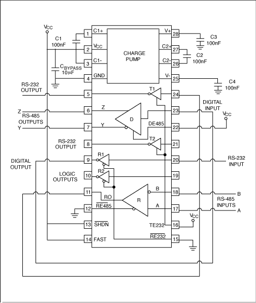 选拔使用RS-232接口，遥感-422，和RS-485串行数,Figure 8. The MAX3162 converts bidirectionally between RS-232 and RS-485 signals in a point-to-point application.,第7张