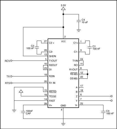 选拔使用RS-232接口，遥感-422，和RS-485串行数,Figure 9. The MAX3162 converts bidirectionally between RS-232 and RS-485 signals in a multipoint application.,第8张