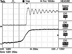 解释马克西姆RS-485的特点-Explanation of,Figure 3. A comparison of the rising edges on a MAX3486 (top, not slew-rate limited) and a MAX3483 (bottom, slew-rate limited) using a 120-ohm impedance cable, improperly terminated with 220 ohms.,第4张