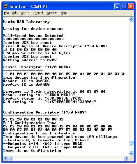 Maxim USB库,图1. MAX3421主机/ARM从任意的USB外设重新得到枚举数据，并通过串口连接至运行有终端仿真程序的PC来报告结果。,第2张