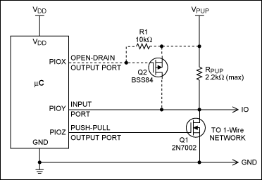 为嵌入式应用选择合适的1-Wire主机,图2. 带可选强上拉电路(虚线部分)的单向端口引脚,第3张