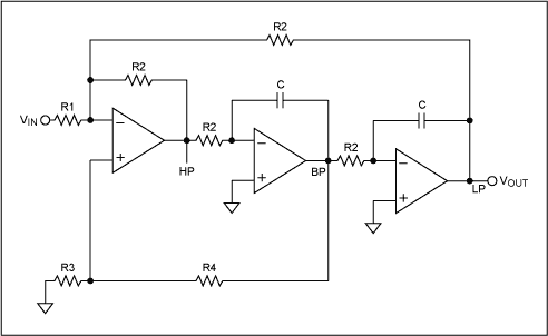 滤波器结构-A Beginners Guide to Fil,Figure 3. Three amplifier state-variable biquad.,第4张