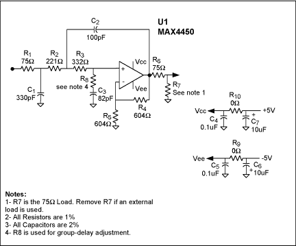 标准清晰度数字电视重构滤波器可调群时延-SDTV Recon,Figure 1. A 5MHz, 3-Pole, Butterworth active filter—using a Sallen-Key realization—with adjustable group delay.,第2张