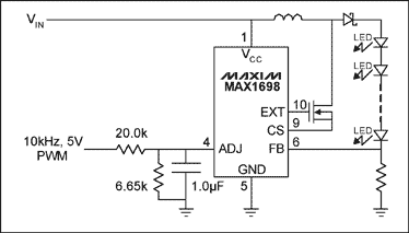 低功耗的PWM输出控制LED亮度-Low-Power PWM,Figure 2. Replacing the EPOT of Figure 1 with an RC network reduces both the IC count and the required number of control lines.,第3张