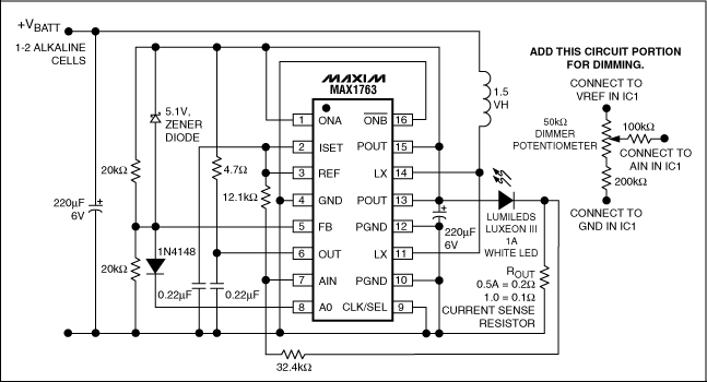 High-Power White-LED Driver Op,Figure 1. This white-LED driver operates on one or two alkaline cells, with voltages starting as low as 0.8V.,第2张