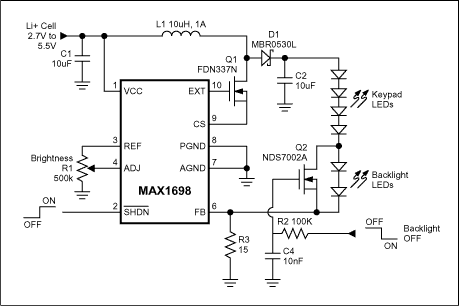 单管控制第二LED阵列在开关模式LED背灯-Single F,Figure 1. When this circuit turns off the backlight LEDs, the keypad LEDs remain on with no change in intensity.,第2张