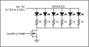 低压差线性稳压改善白光LED的亮度匹配-LDO Linear,Figure 1. Most applications simply use a fixed bias voltage (5V in this case) and ballast resistors (75Ω in this case) to achieve approximate white LED brightness matching.,第2张