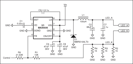 为高亮度LED提供高效电流驱动,图1. 通过调节控制电压(0V至3.9V)，MAX5035 LED电流驱动器能够在LED_A和LED_K端产生近似350mA至0mA的输出电流。,第2张