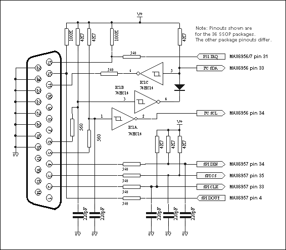 Experimenting with the MAX6956,Figure 1. The MAX6956 and MAX6957 connections to the parallel port.,第2张