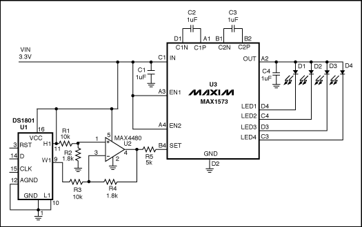 白光LED驱动器提供64级对数调光-White-LED Dr,Figure 1. This circuit provides a logarithmic-dimming capability for white LEDs.,第2张