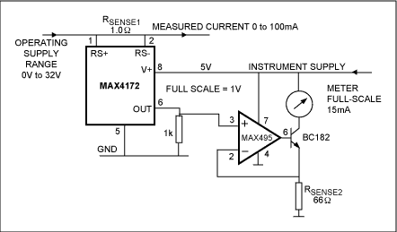 Moving-Coil Meter Measures Low,Figure 1. This circuit allows use of a moving-coil meter in applications for which the meter current is a substantial fraction of the current being measured.,第2张