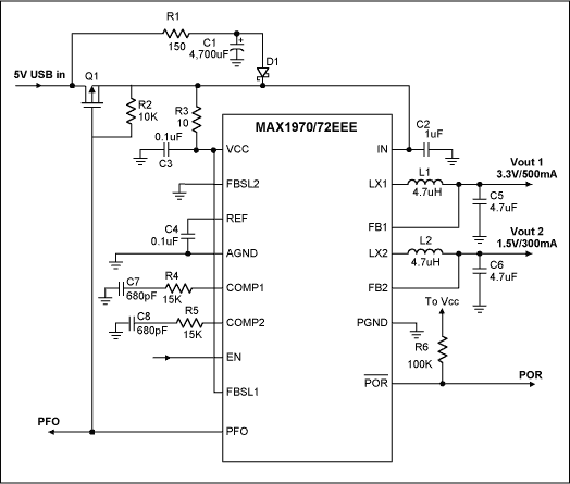 Dual 1.4MHz Synchronous Buck R,Figure 1. Typical application circuit for 5V USB dying gasp application.,第2张