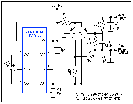 电荷泵服务的便携式设计-Charge Pumps Shine,Figure 8. A cheap but serviceable three-transistor circuit adds a regulated 100mA, -3V output to a charge-pump IC.,第9张