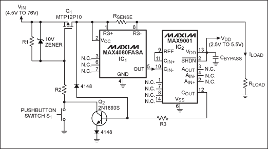 断路器处理电压76V-Circuit Breaker Han,Figure 1. A current sense amplifier, comparator, and a few external components form a low-cost circuit breaker.,第2张