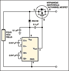 反向电流保护电路-Reverse-Current Circu,Figure 4. To provide reverse-current protection without disrupting ground-return currents, add a high-side NMOS FET driven by a charge-pump IC.,第5张