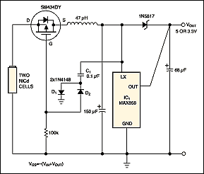 反向电流保护电路-Reverse-Current Circu,Figure 6. Using a high-side PMOS FET switch with low battery voltage requires a charge pump (D1, D2, and C1) to drive the gate voltage below ground.,第7张
