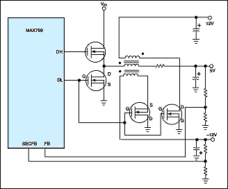 Synchronous Rectification Aids,Figure 7. Coupled-inductor secondary outputs can benefit from synchronous rectification. To accommodate negative auxiliary outputs, simply swap the secondary-side MOSFET,第8张