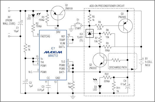 Add-On Circuit Preconditions B,Figure 1. This add-on preconditioner circuit for NiCd battery chargers eliminates the so-called memory effect by fully discharging a battery before recharging it.,第2张