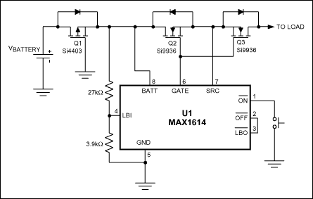 MOSFET驱动器是电池反向保护-MOSFET Driver,Figure 1. An external p-channel MOSFET (Q1) easily protects this MOSFET driver (U1) against reversed batteries and reversed load current.,第2张