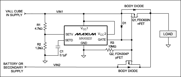 The FET-OR Connection for Powe,Figure 1. This power-supply sequencer senses a loss of the main supply voltage and, by controlling the two FETs, automatically switches the load to the secondary (backup) supply.,第2张