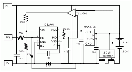 使用DS2751电池电量计在多个电池包应用-Using th,Figure 1. DS2751 in a 2-cell Li+/Polymer battery pack.,第2张