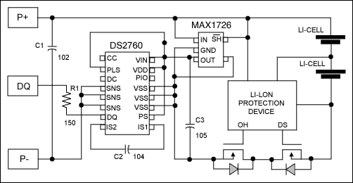 使用DS2760或DS2761电池监视器多重电池应用-Usi,Figure 1. Example schematic of the DS2760 in a 2-cell Li-Ion/Polymer battery pack.,第2张