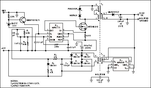 反馈分离增强供电的安全和性能-Feedback Isolat,Figure 4. Transformer-coupled feedback uses a separate transformer to allow for the optimum feedback in a -48V to 5V flyback converter. T1 provides forward isolation; T2 isolates the feedback signal.,第5张