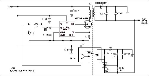 反馈分离增强供电的安全和性能-Feedback Isolat,Figure 3. In an optoisolator-feedback flyback design, a transformer isolates the main output, -9V, and an optoisolator isolates the feedback signal.,第4张