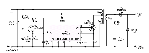 反馈分离增强供电的安全和性能-Feedback Isolat,Figure 2. Using only one transformer, a coupled-winding-feedback, +5 to -48V flyback converter can use a bias winding, WFB, to provide an isolated-feedback voltage and to generate a bias supply for the switching controller, IC1.,第3张