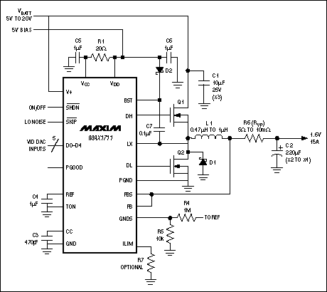 CPU核心供电-Powering Portable CPU,Figure 3. This efficient 15A regulated supply easily converts to a voltage-positioned design with the addition of three resistors: R4, R5, and R6 (RVP).,第4张