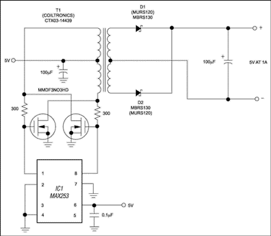 Push-Pull Driver Provides Isol,Figure 1. A simple circuit produces a 5V, 1A isolated output from a 5V regulated input.,第2张